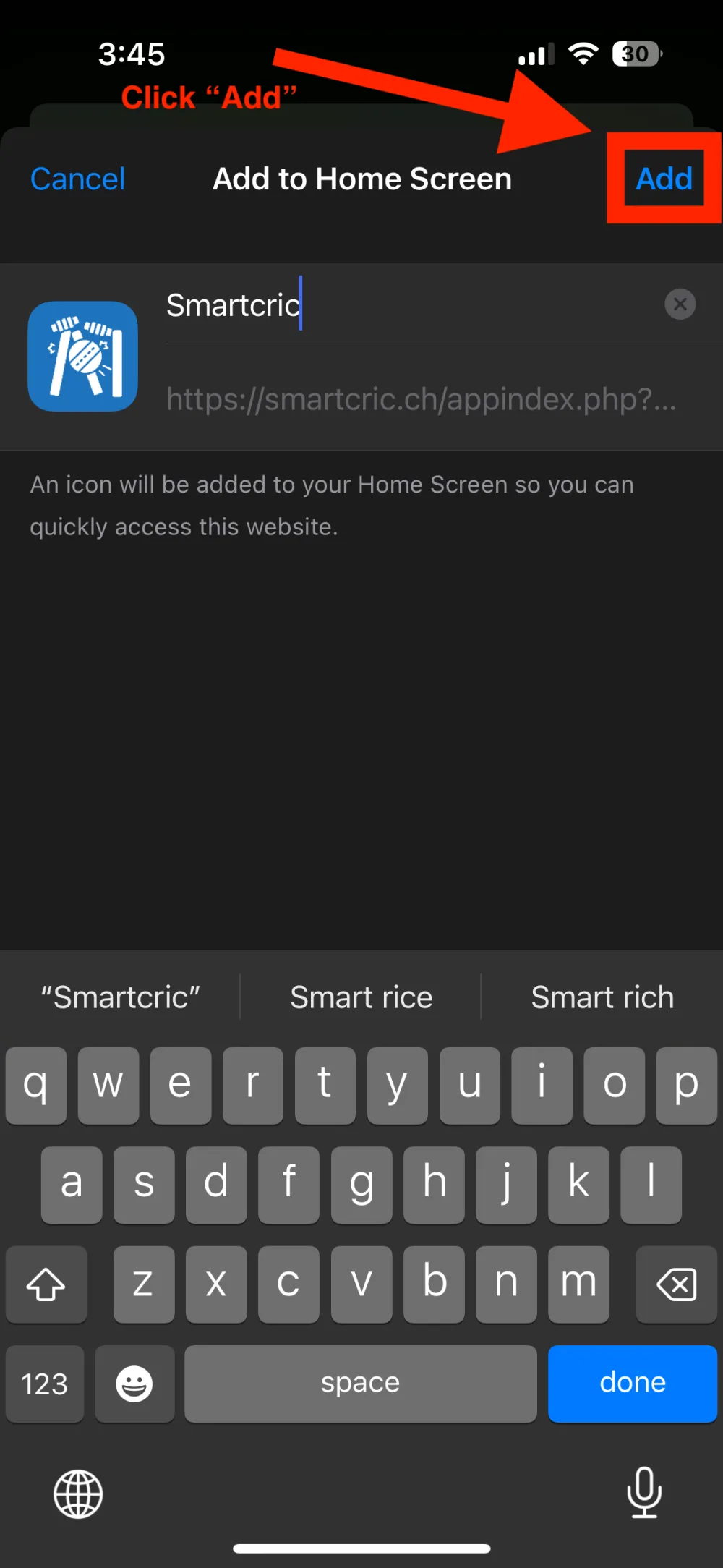 The Add to Home Screen screen with the Add button